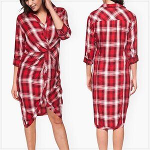 Zara Premium Denim Collection Red White Plaid Twist Knot Button Midi Dress S